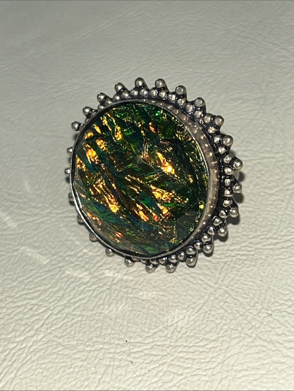 925 Sterling Iridescent Green and Gold-tone Round Statement Ring